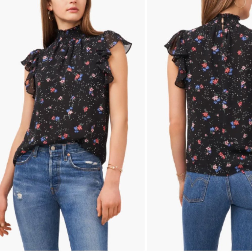 1. STATE Flutter-Sleeve Solid Top in Black Floral - NWT Size S